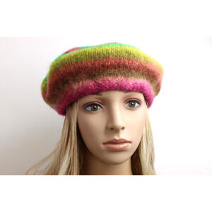 Women's Wool Hand Knit Stripe Slouchy Beret Winter Hat Bohemian
